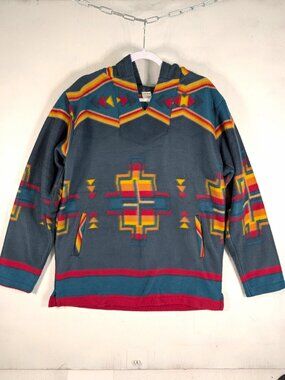 Aztec Southwestern Fleece Pullover Hoodie Mens M Blue El Paso Saddleblanket Baja